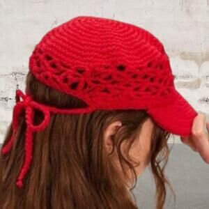 Free People Sylvie Crochet Baseball Hat in Red NWT